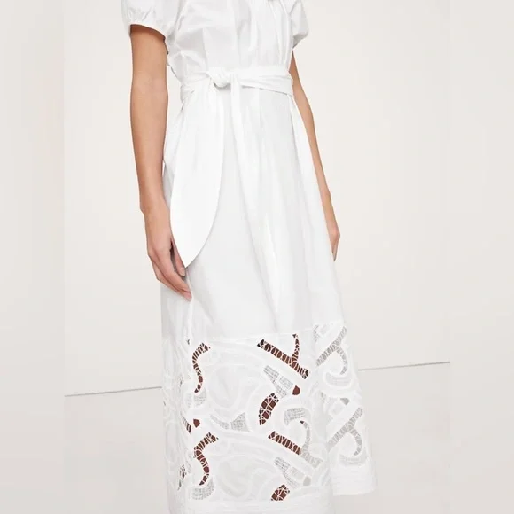 NWT! Banana Republic White Embroidered Cotton Poplin Ruched Dress - Medium  Midi